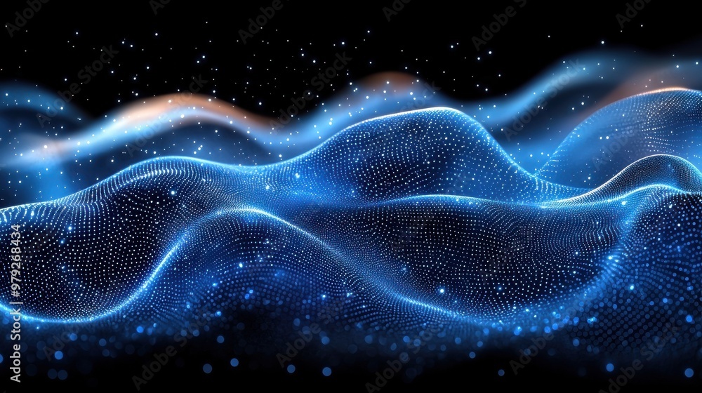 Poster abstract digital waves illuminated by blue light create a serene and dynamic atmosphere against a da