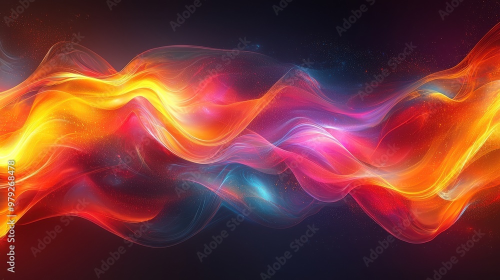 Poster vibrant abstract waves of color flowing smoothly across a dark background, creating a dynamic visual