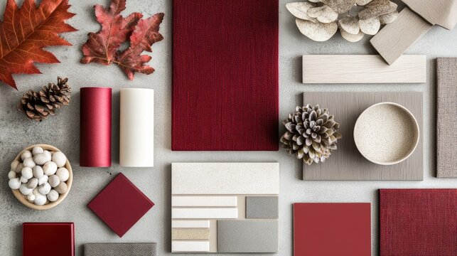 Modern flat lay composition in wine red color palette with textile and paint samples, lamella panels and tiles. Architect and interior designer moodboard. Top view. Copy space. Template