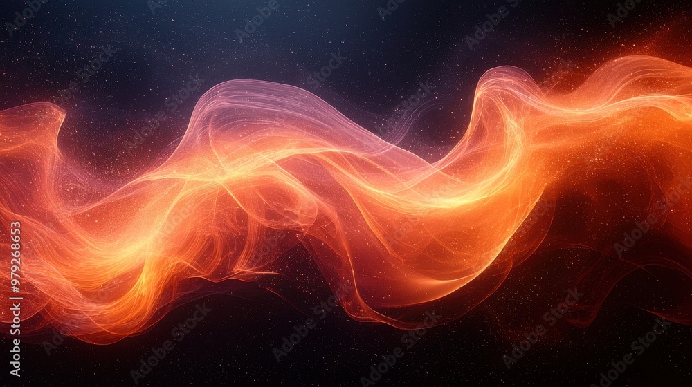 Poster abstract orange and red wave of light flowing against a dark background with subtle sparkles and smo