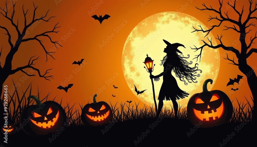 Sticker  Spooky Halloween scene with witch and jackolanterns