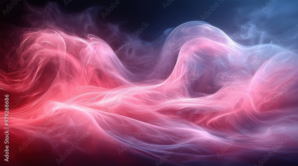 Poster dynamic abstract swirls of pink and blue smoke create a mesmerizing visual effect, resembling waves 
