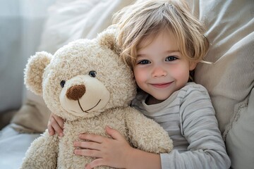A child holding a large teddy bear, smiling with love and warmth, as soft studio lighting highlights their sweet and affectionate expression.