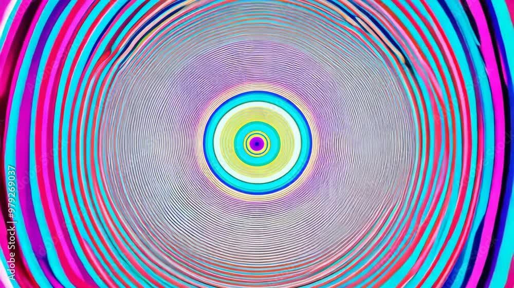 Poster a circular abstract design with vibrant concentric rings in blue, yellow, red, and purple. its dynam
