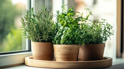 Kitchen herbs cultivated in a flower pots and rosemary in a wooden plate used in culinary on a windowsill. Selective focus