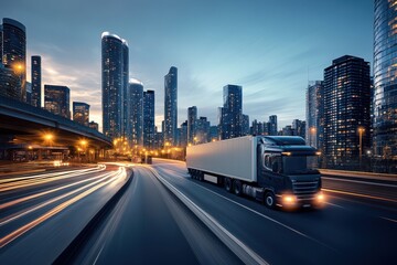 Obraz premium A truck driving through a cityscape at dusk, showcasing urban transport and infrastructure.