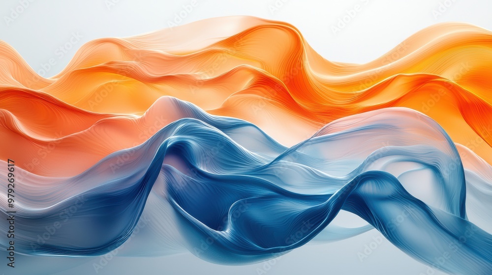 Poster fluid waves of orange and blue fabric gracefully blending together, creating a harmonious display of