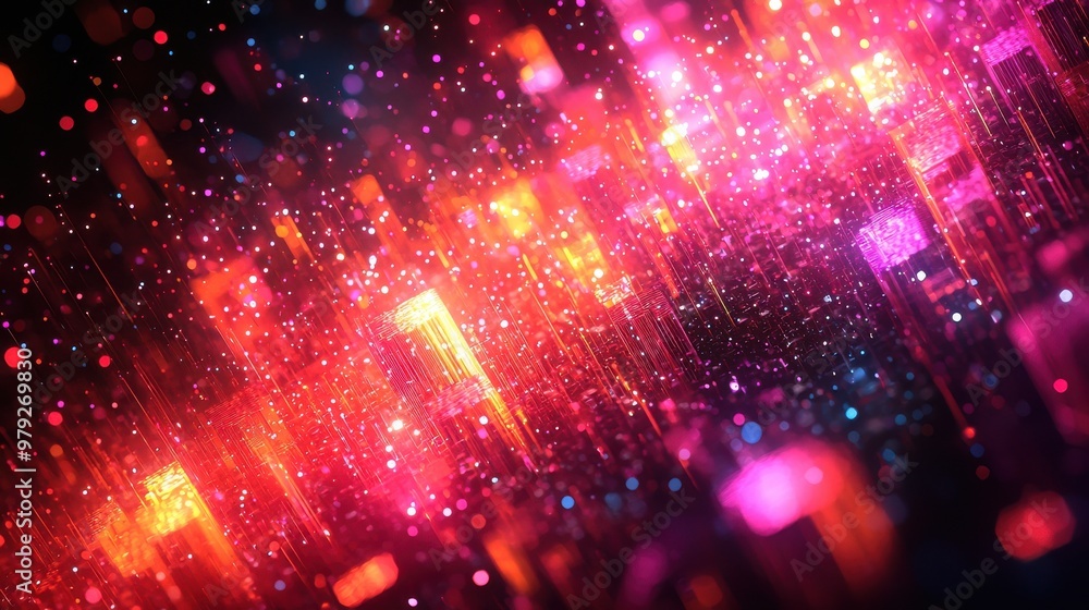 Poster vibrant abstract digital art showcasing colorful light patterns and dynamic geometric shapes in a da