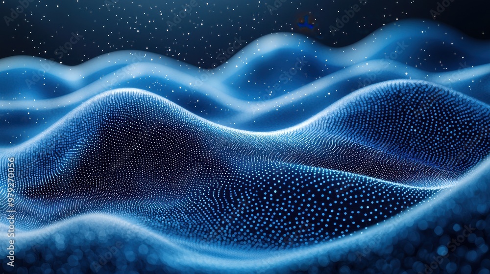 Poster digital abstract in blue tones showcasing flowing waves of particles against a dark background creat