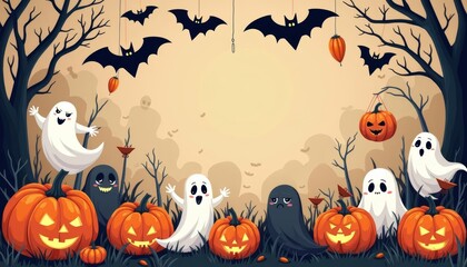  Spooky Halloween scene with ghosts and pumpkins