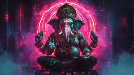 Fototapeta premium A digital art piece showcasing a modern Ganesh design, combining traditional elements with futuristic textures and colors, glowing with neon accents