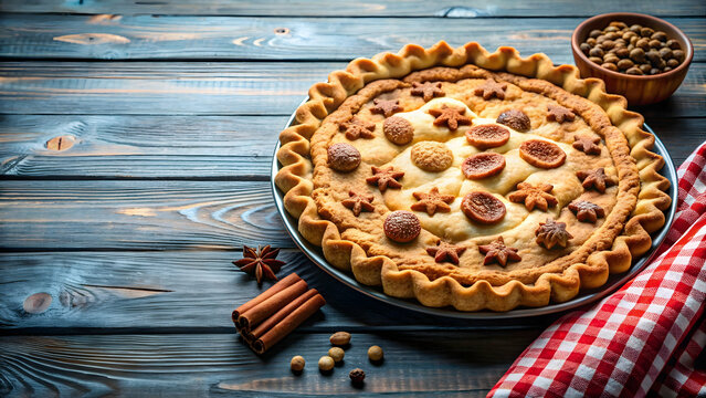 Homemade pie decorated with cookies on sunlit table, showcasing craftsmanship and appetite appeal, homemade