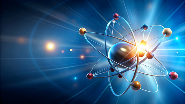 Science and technology background with a model of an atom and flying electrons , atom, electrons, science, technology