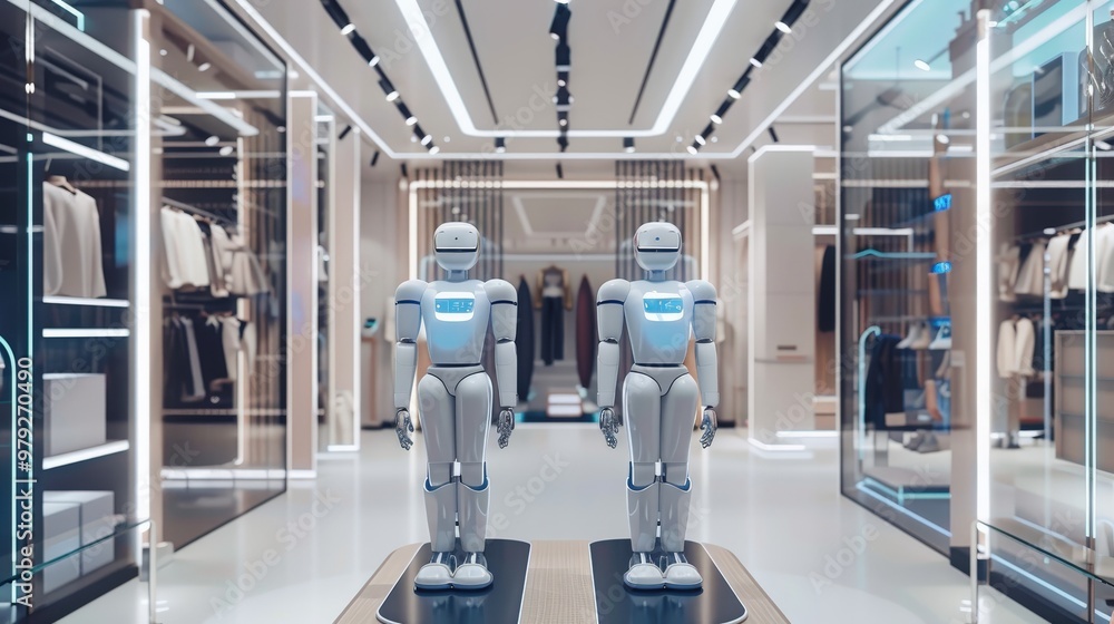 Poster modern retail store equipped with ai-driven customer service robots, immersive augmented reality fit