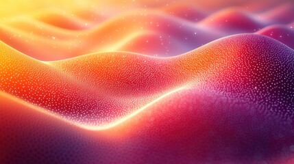 Colorful undulating waves with soft textures and sparkling details reflecting light in a surreal landscape at sunset