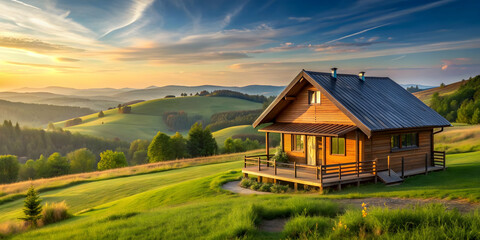Tranquil countryside retreat with a wooden house nestled amidst rolling hills and clear skies, serenity, peaceful