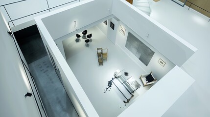 Top-down view of a minimalist modern art gallery with white walls and a single artwork displayed in the center
