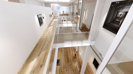 Obraz premium Top-down view of a minimalist modern art gallery with white walls and a single artwork displayed in the center