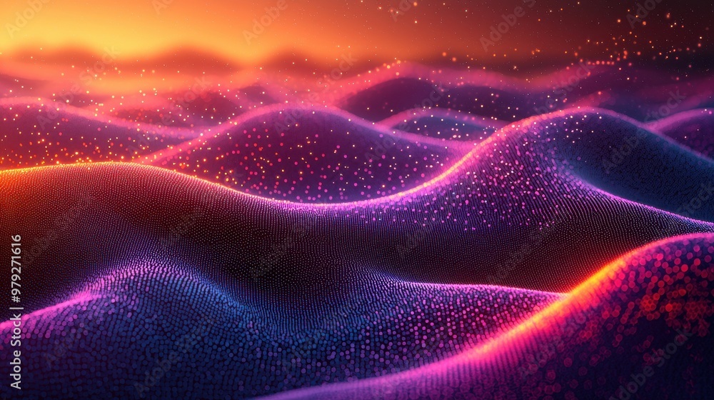 Aufkleber abstract representation of dynamic waves under a colorful sunset with shimmering particles in the at