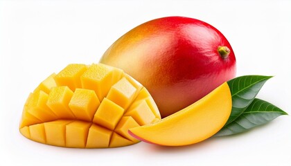 Whole mango and slices cut with leaves isolated on white background