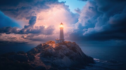 Tall light house lighthouse lightning clouds.