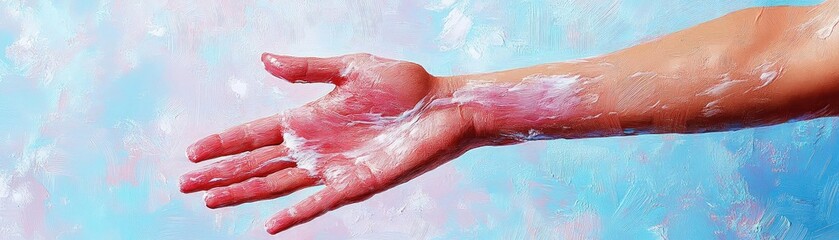 Fototapeta premium A close-up of a wet hand with a colorful abstract background, emphasizing creativity, cleanliness, and abstract art.