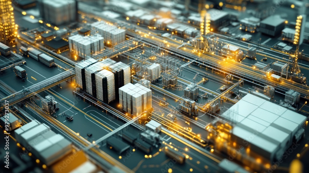 Poster a digital simulation of operations management in a complex logistics network, showing how decisions 