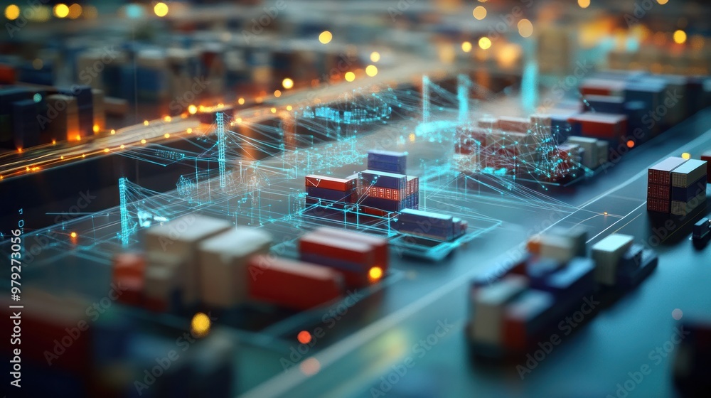 Aufkleber a digital simulation of operations management in a complex logistics network, showing how decisions 