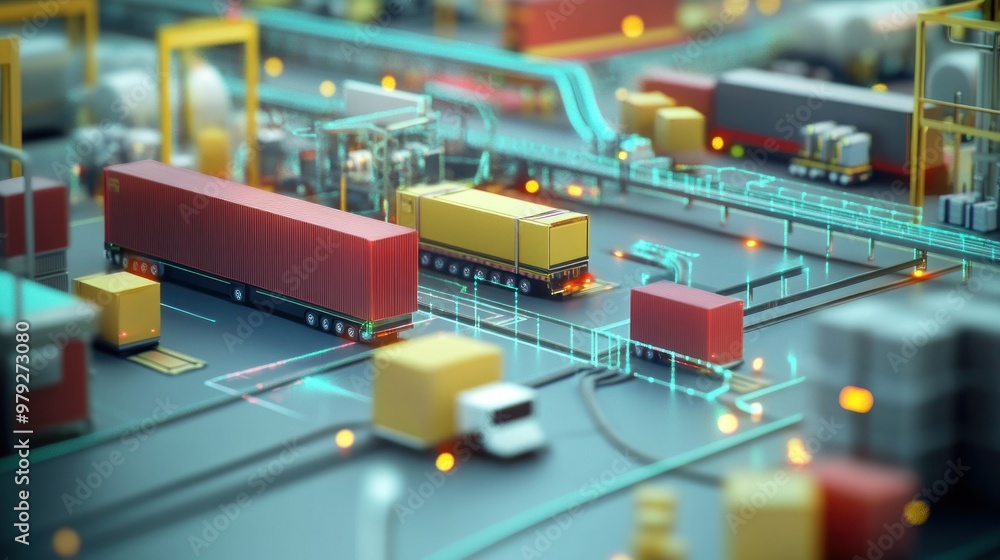 Poster a digital simulation of operations management in a complex logistics network, showing how decisions 