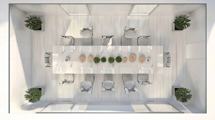 Top-down view of a modern conference room with a long table, minimalist decor, and ample space for professional collaboration, meetings, and discussions.
