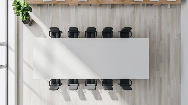 Top-down view of a modern conference room with a long table, minimalist decor, and ample space for professional collaboration, meetings, and discussions.