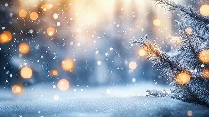 Naklejka premium Blurred bokeh winter landscape with falling snow and glowing lights