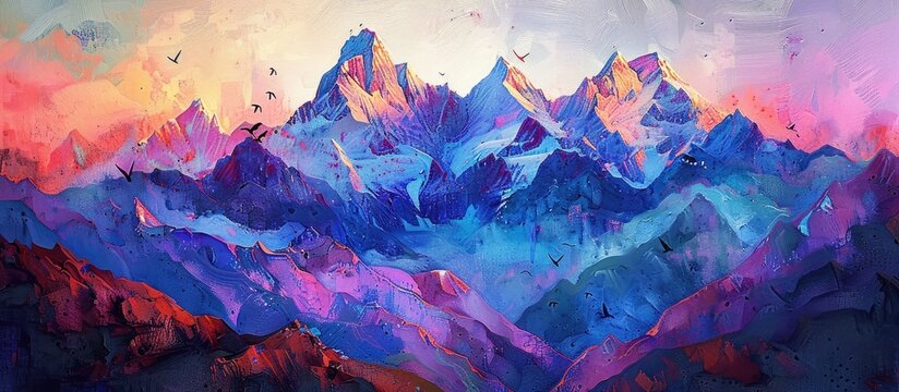 Breathtaking surreal mountainous landscape with vibrant pink purple and blue sunset skies overlooking a serene and mystical alpine valley  This digital or painting showcases the dramatic majestic