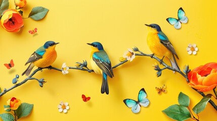 Fototapeta premium Vibrant spring birds and butterflies perched on blooming branches in an idyllic lush garden setting The colorful delicate flowers and foliage create a serene