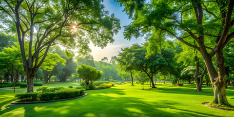 Naklejka premium Lush green park surrounded by fresh greenery, spring, park, nature, outdoor, trees, foliage, environment, tranquil, serene