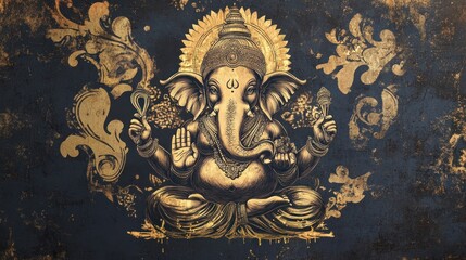 A gold leaf Ganesh illustration on canvas, with fine detailing and a blend of traditional and modern elements, suitable for upscale home decor