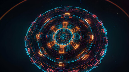 Floating neon cubes forming a futuristic, glowing mandala.
