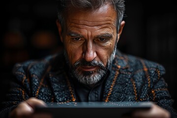 Businessman on black background engaging with virtual screen and tablet for strategic planning