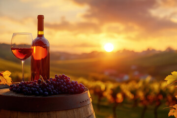 Vineyard panorama with wine and fruits