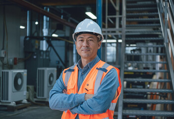 Portrait of a smiling Asian male engineer or construction worker wearing a hard hat and vest, standing outside a building with his arms crossed over his chest, looking confidently at the camera.
