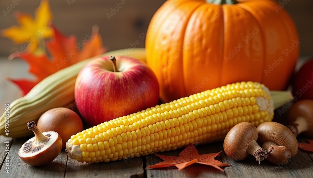 Canvas Prints  Autumn Harvest  Pumpkin Apple Corn and Mushrooms