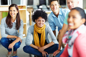 Creative, workshop and portrait of business people on floor in office for happy collaboration, planning and solidarity. Team building, men and women at design agency for support, workflow and synergy