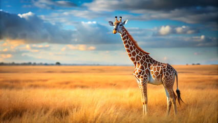 Obraz premium Surreal baby giraffe with long neck standing tall in an African savanna , Giraffe, baby, tall, long-necked, surreal, African
