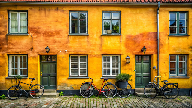 Grunge yellow house in Nyboder district with bicycles in the medieval district of Copenhagen, Denmark, Nyboder