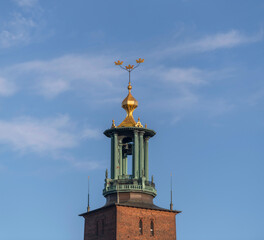 The belfry on the Town City Hall, a summer morning day in Stockholm