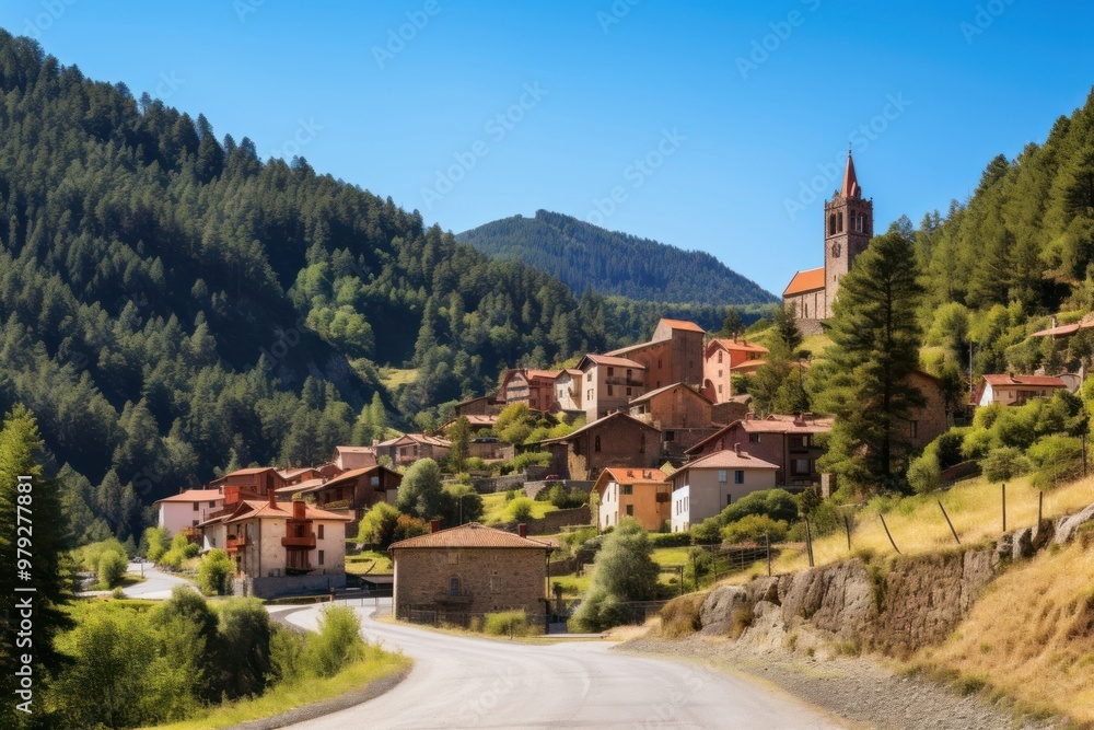 Sticker French village with church architecture outdoors mountain.