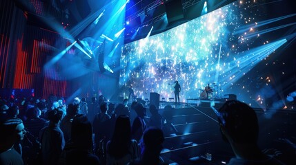 High-tech concert hall featuring holographic musicians, interactive light displays, and 3D soundscapes for an immersive musical experience.