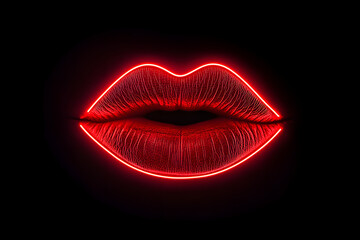 Fototapeta premium Red neon lips with lipstick isolated on black background