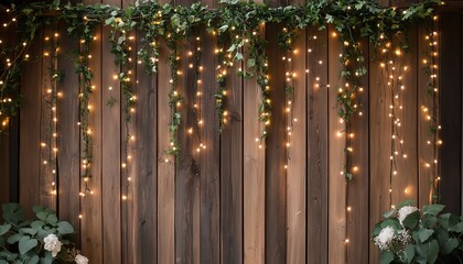 Fototapeta premium A charming backdrop of wooden panels adorned with twinkling lights and lush greenery, perfect for events and photography.