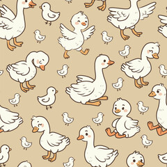 Seamless childish pattern with cute gooses and small chiks. Kids beige texture with funny ducks. Vector illustration for newborn prints